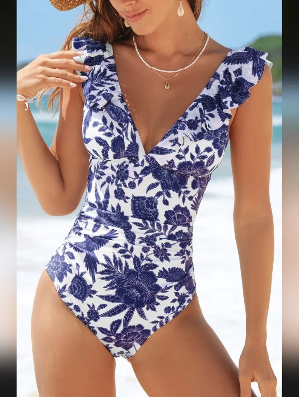 Cupshe Sweet Florals Ruffled Lace-Up Tummy Control One-Piece- L